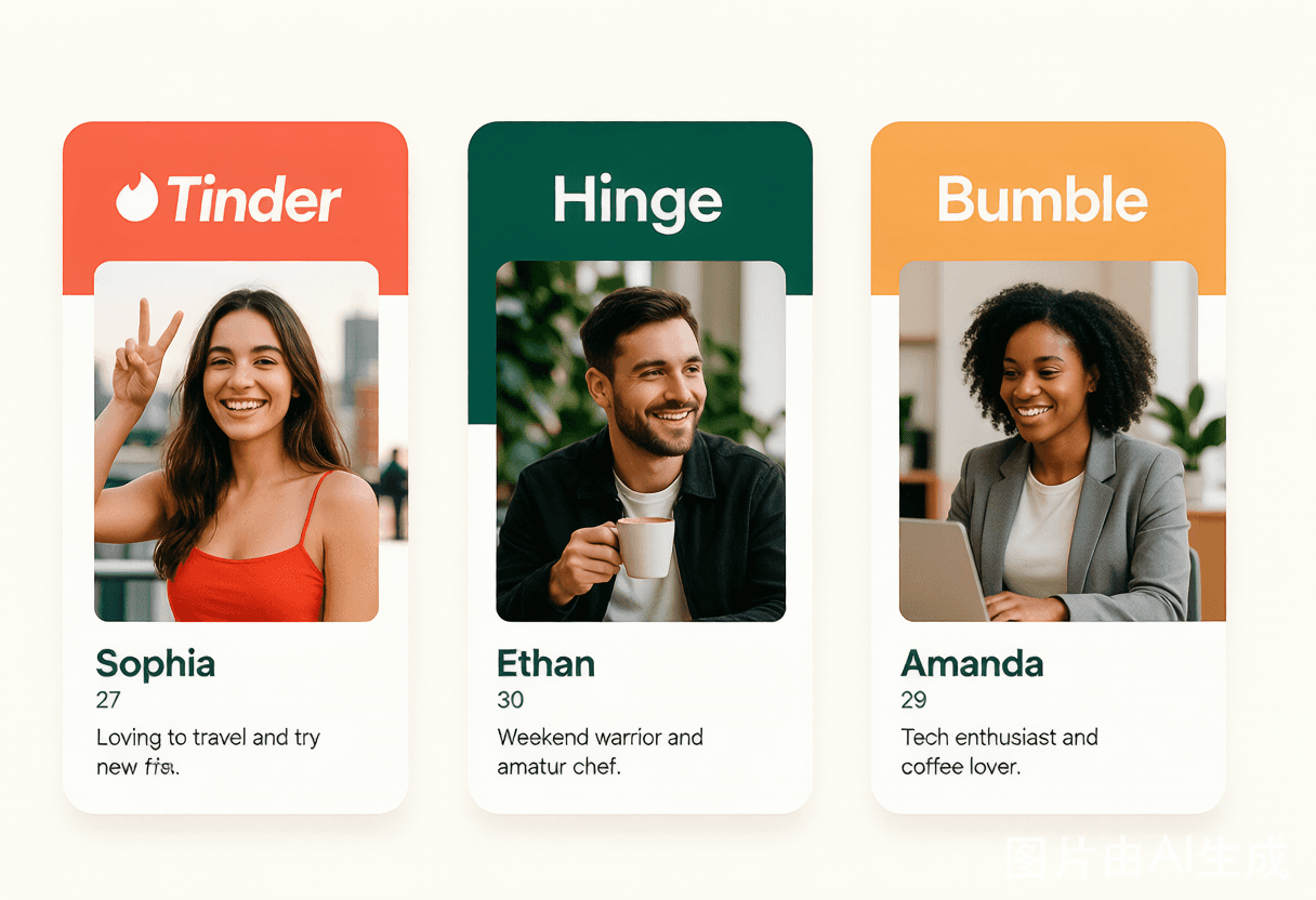 Tinder, Hinge, and Bumble shown side by side, each leading with a different photo order
